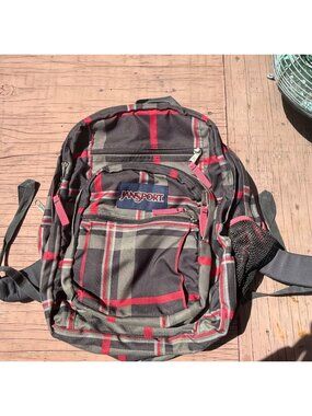Jansport Large Backpack Grey Pink Plaid 5 Zipper Pockets READ DESC!!!